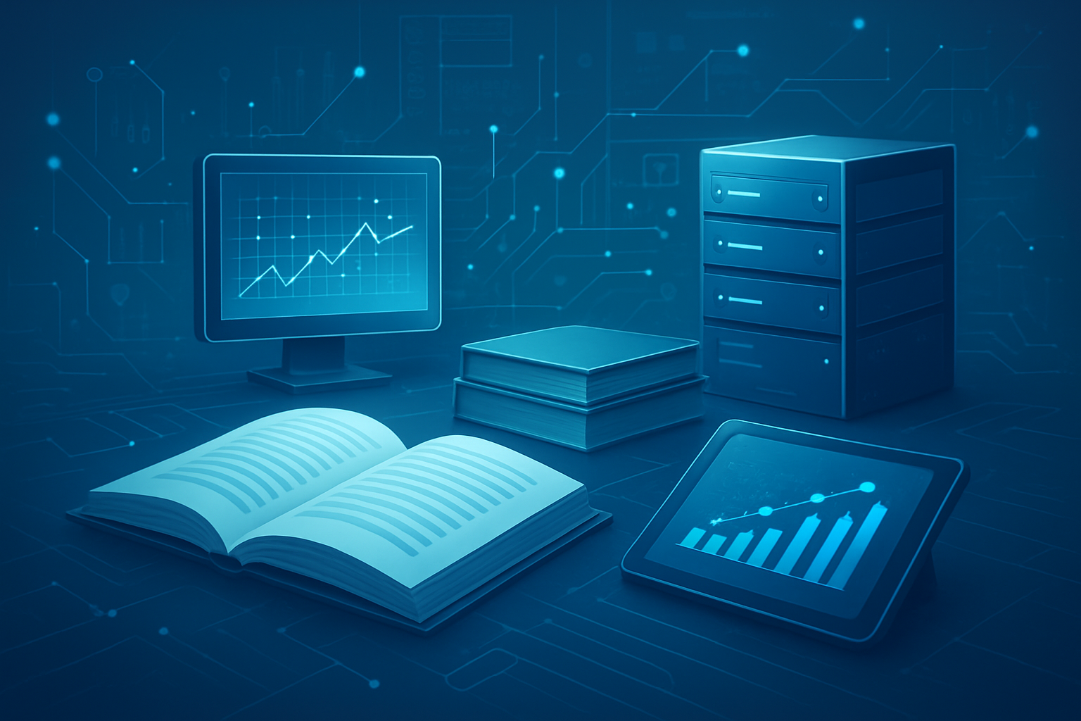 A digital representation of study materials, including an open book, a computer with a graph, and a tablet displaying an
